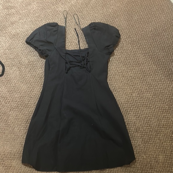 ZARA Linen Blend Puff Sleeve Tie Open Back Mini Dress Black Medium - Picture 4 of 5